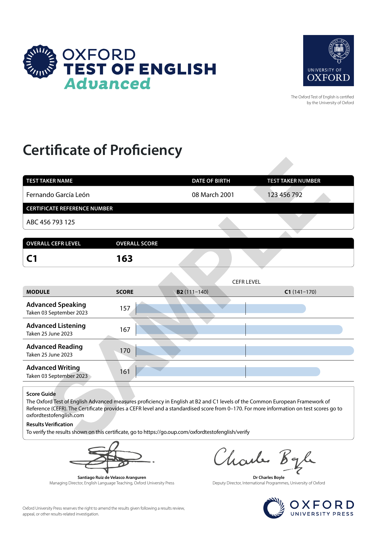 Mẫu chứng chỉ Oxford Test of English Advanced